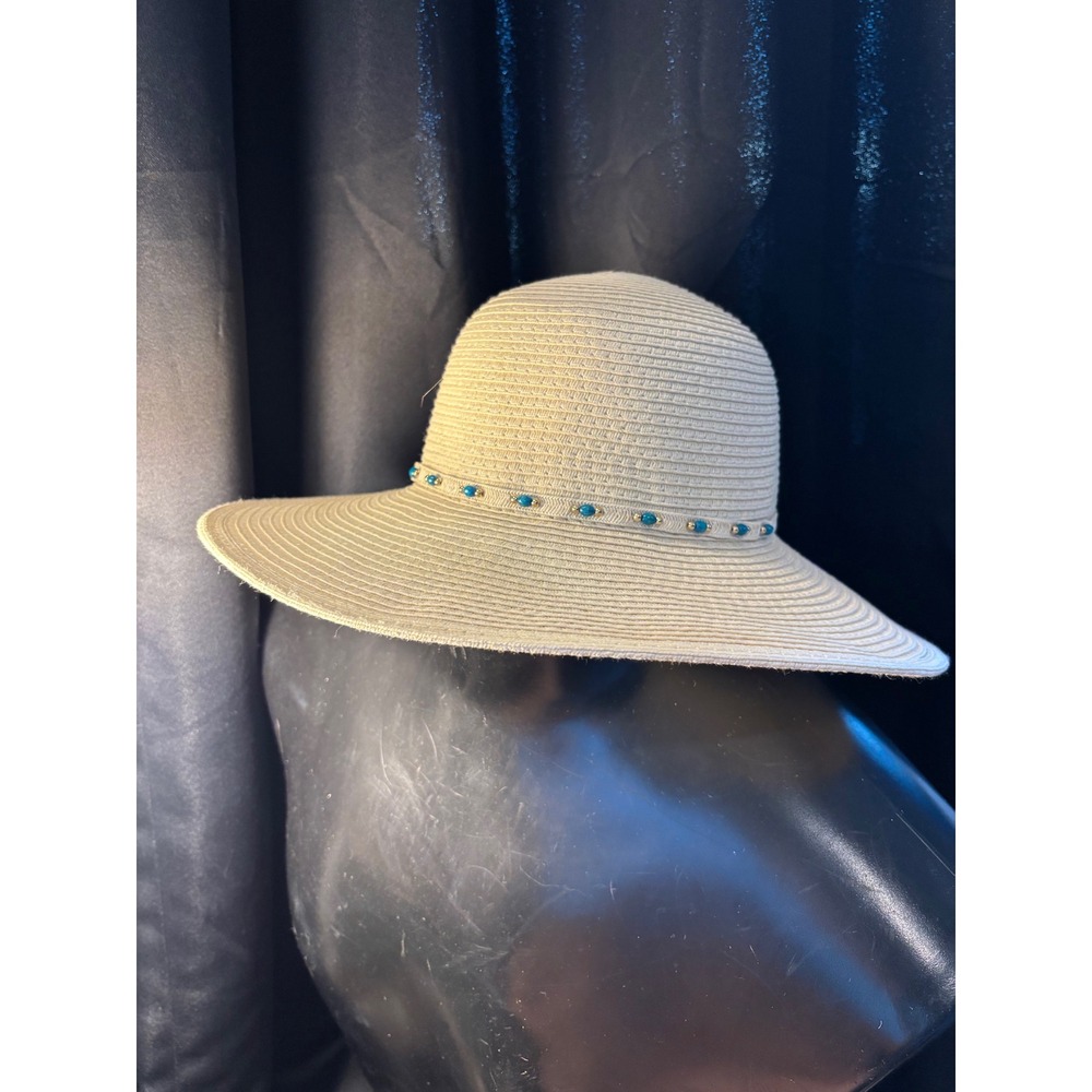 Woven Paper Straw Sun Hat Turquoise Bead Accent Split Back Wide Brim Tan OSFM